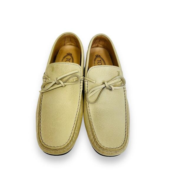 TOD’S Beige Grained Leather Bow Accent Lacetto Gomma Flats Loafers Size 6 - Picture 7 of 12